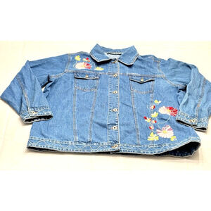 Women's Blue Jean Denim Jacket Size 22 Embroidered Flowers Buttoned